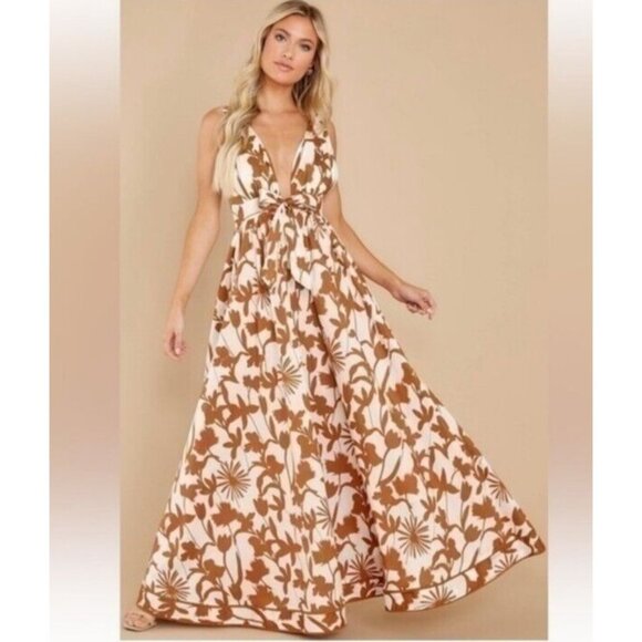 Aakaa Floral Maxi Dress Women Sz S Reddish Brown & White Summer - Picture 6 of 14